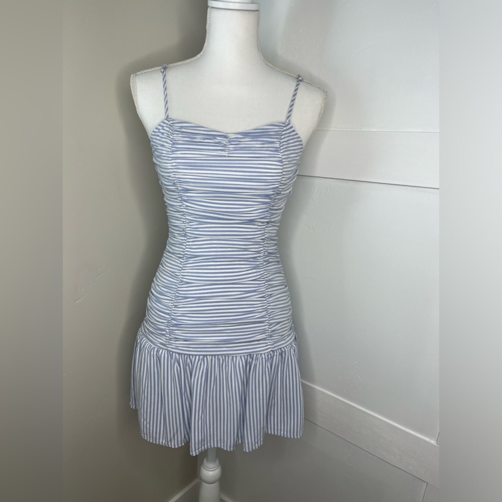 Light blue and white striped tight dress